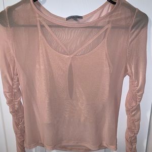 Dusty Pink Mesh Top W/ Ruched Sleeves
